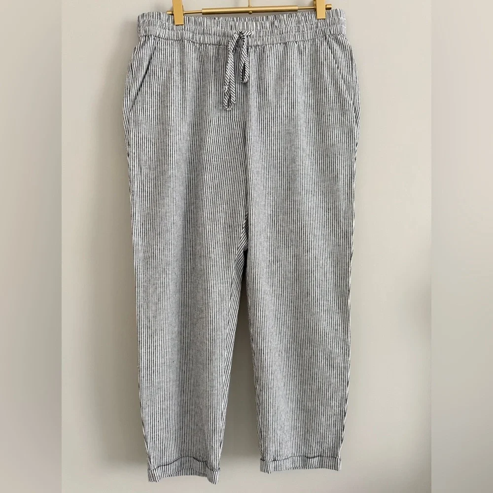 J Crew Striped Linen Cotton Blend Drawstring Pant in Black and White 10 - Picture 2 of 13